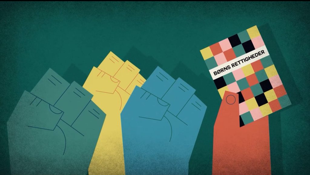 Fire farvede animerede hænder i luften en holder børnekonventionen